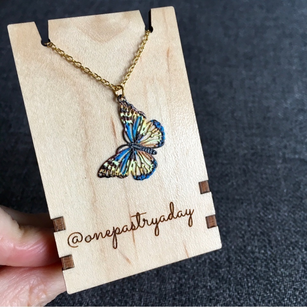 Colorful Filigree Butterfly Pendant Fashion Necklace, Blue, Yellow, 18 inches - Picture 11 of 17